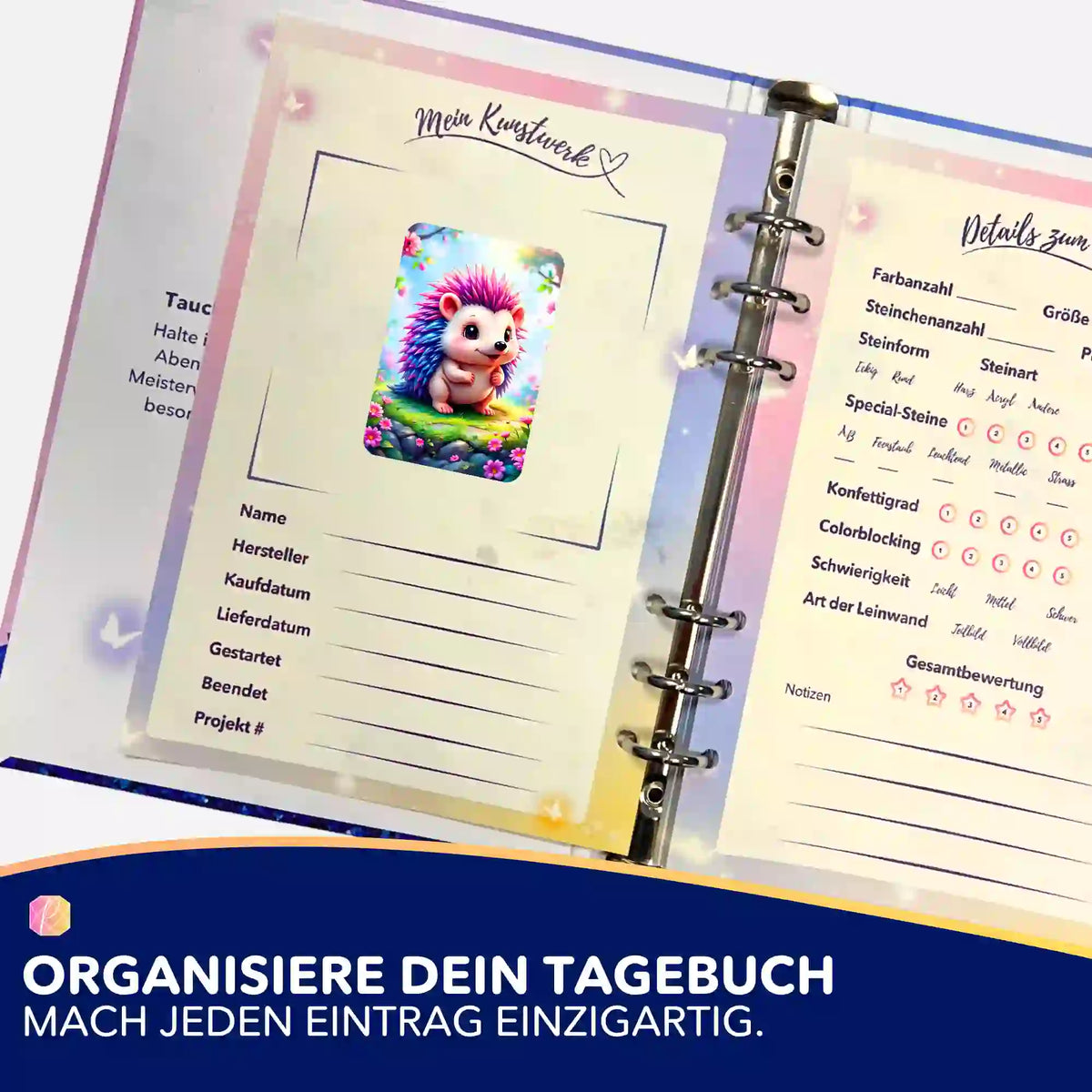 Igel Ilay Aufkleber für Diamond Painting Tagebuch zur Organisation von Malen nach Zahlen und Diamanten Painting Projekten
