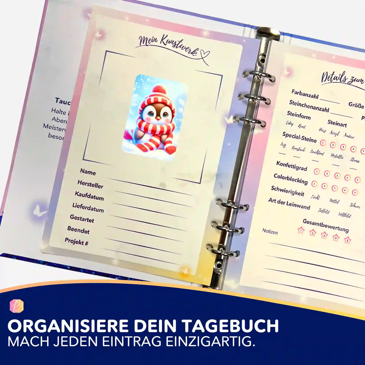 Picmondoo Sticker-Set mit Pinguin-Motiv zur Organisation im Diamond Painting Tagebuch und Planer