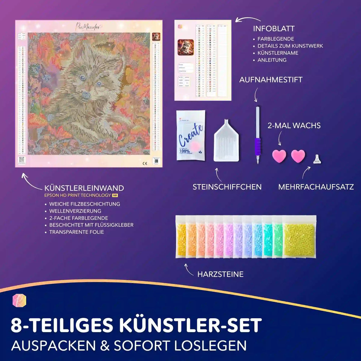 Diamond Painting Set Akiro mit Wolf-Leinwand, Werkzeugen und glitzernden Harzsteinen für kreatives Basteln