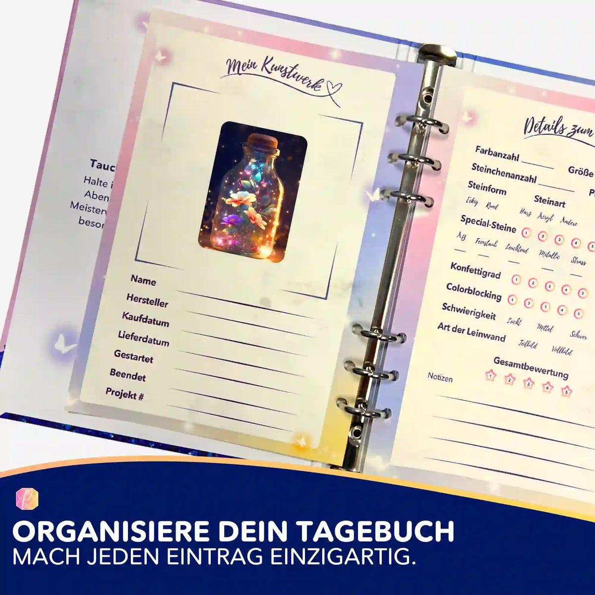 Picmondoo Diamond Painting Tagebuch mit Blütenzauber Aufkleber zur Dokumentation von Projektdetails und Projektfortschritt.