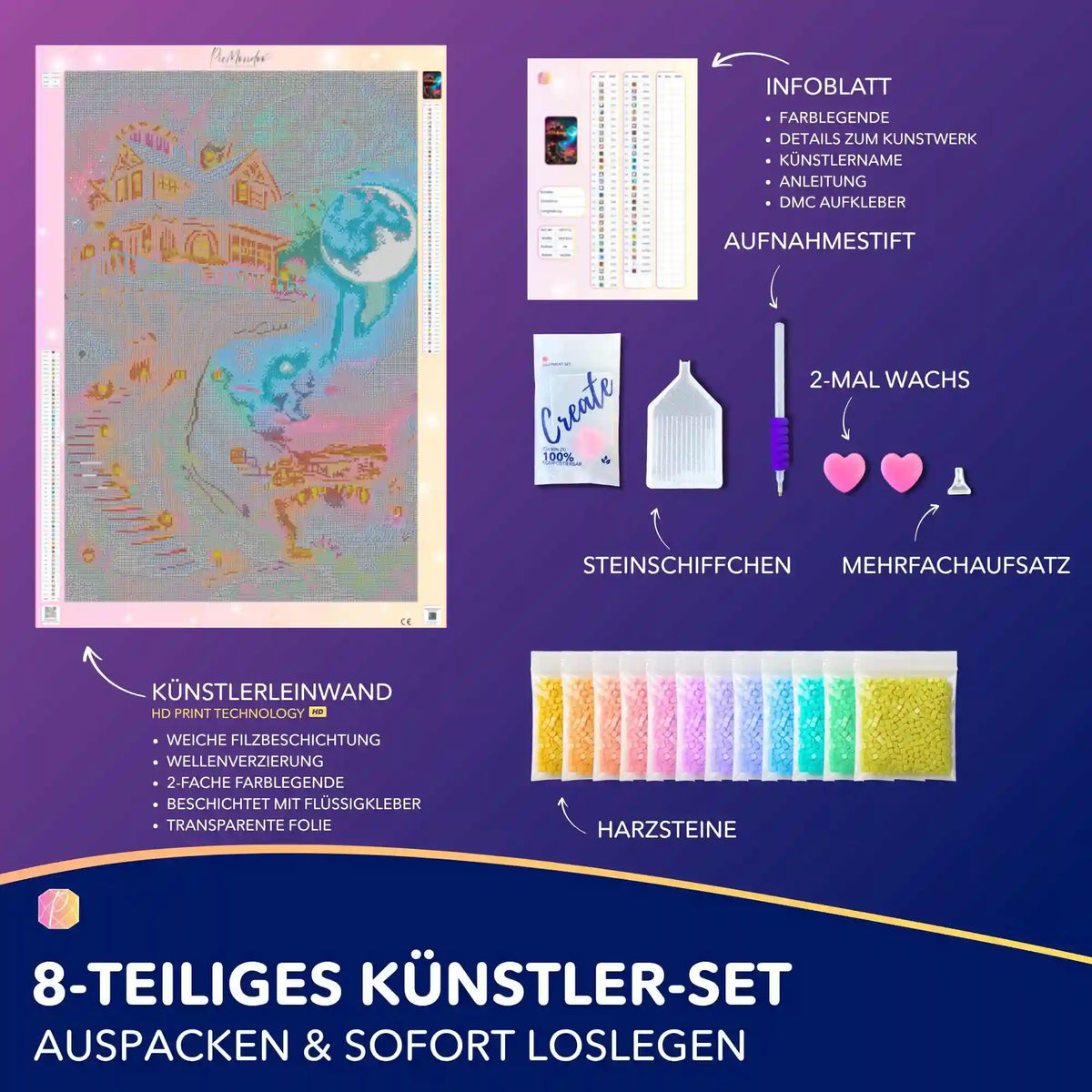 Diamond Painting Set Sternhafen der Wanderer mit Fantasy-Baumhaus, Leinwand, bunten Harzsteinen und Zubehör.