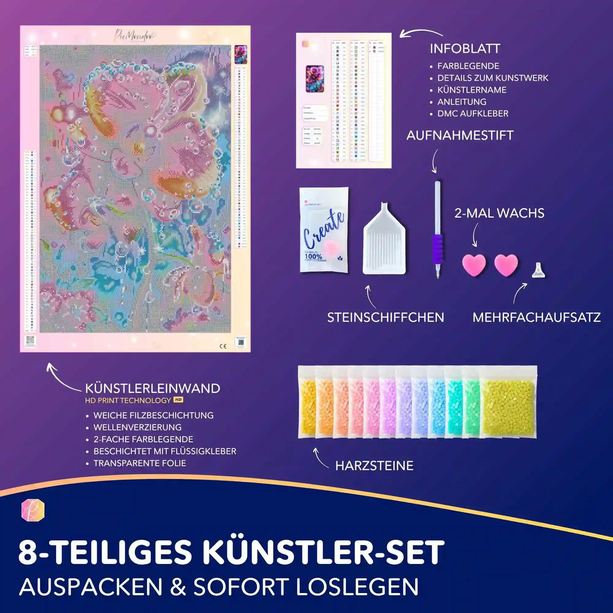 Diamond Painting Set Regenkuss mit Leinwand, bunten Harzsteinen und Zubehör für das blumige DIY-Kunstwerk