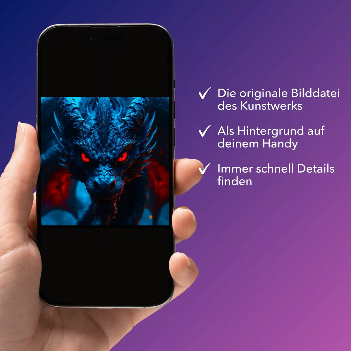 Digitale Bildmappe für Diamond Painting Motiv Red Eyes Dragon auf einem Smartphone-Display angezeigt