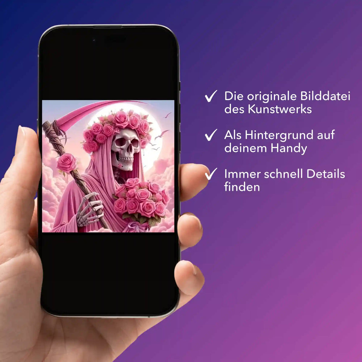 Digitale Bildmappe Rosenträume für Diamond Painting auf Smartphone präsentiert mit Sensenmann-Motiv