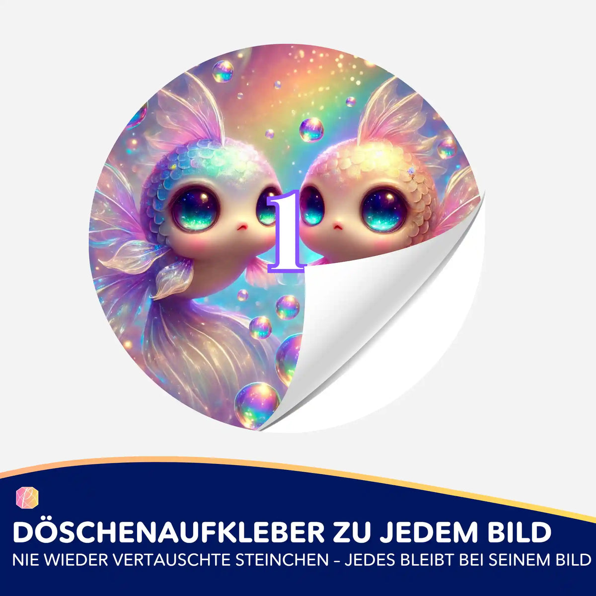 Bunter Döschenaufkleber mit Fantasy-Fisch Motiv für Diamond Painting Zubehör zur geordneten Aufbewahrung der Steinchen.