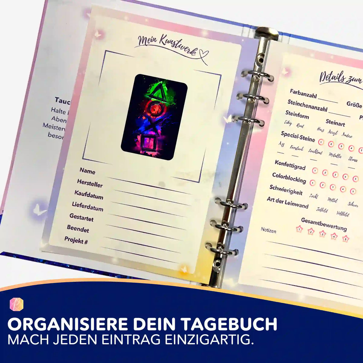 Play the Game Aufkleber im Diamond Painting Tagebuch zur Organisation von DIY-Projekten