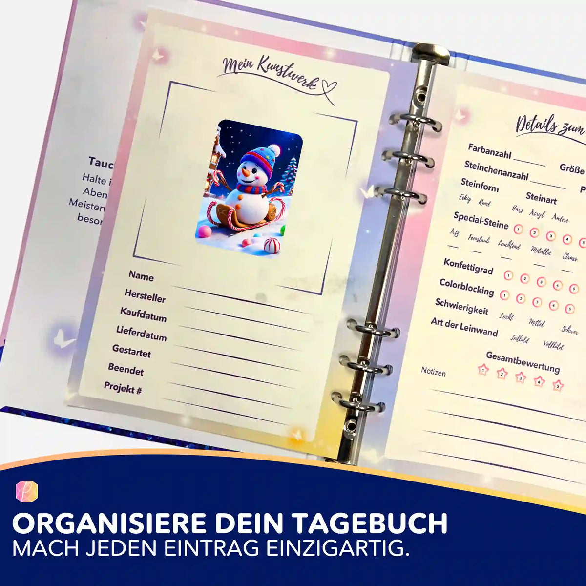 Picmondoo Diamond Painting Tagebuch mit Sweet Schlittenfahrt Aufkleber zur Organisation von Diamanten Painting Projekten