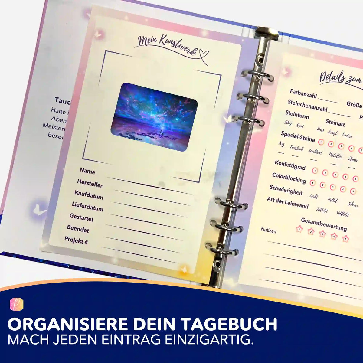 Picmondoo Diamond Painting Tagebuch mit Aufkleber Ozean trifft Universum zur Organisation deiner Bastelprojekte.