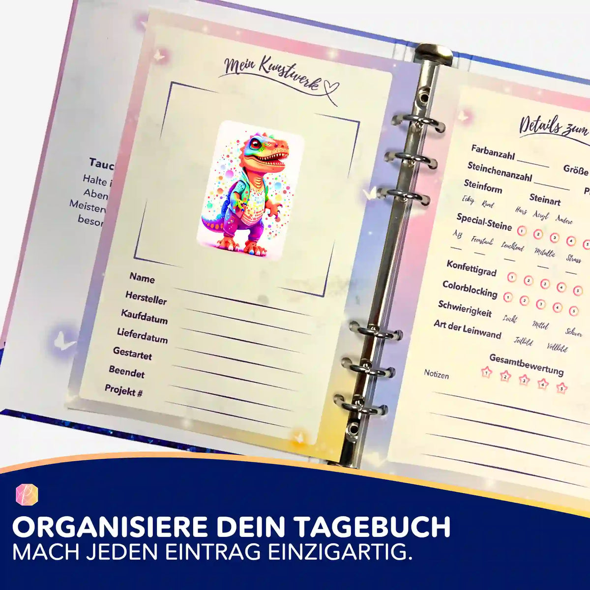 Bunter Dinosaurier-Aufkleber zur Organisation im Diamond Painting Tagebuch von Picmondoo