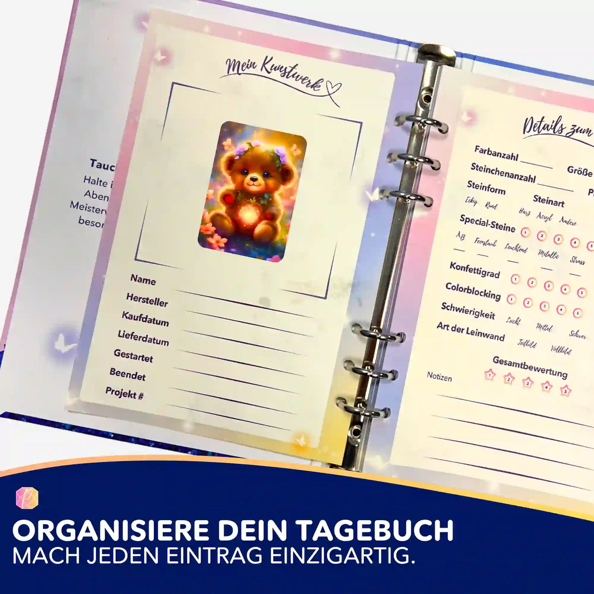 Diamond Painting Tagebuch Sticker mit süßem Leuchtbär Motiv zur Organisation und Dokumentation von Bastelprojekten