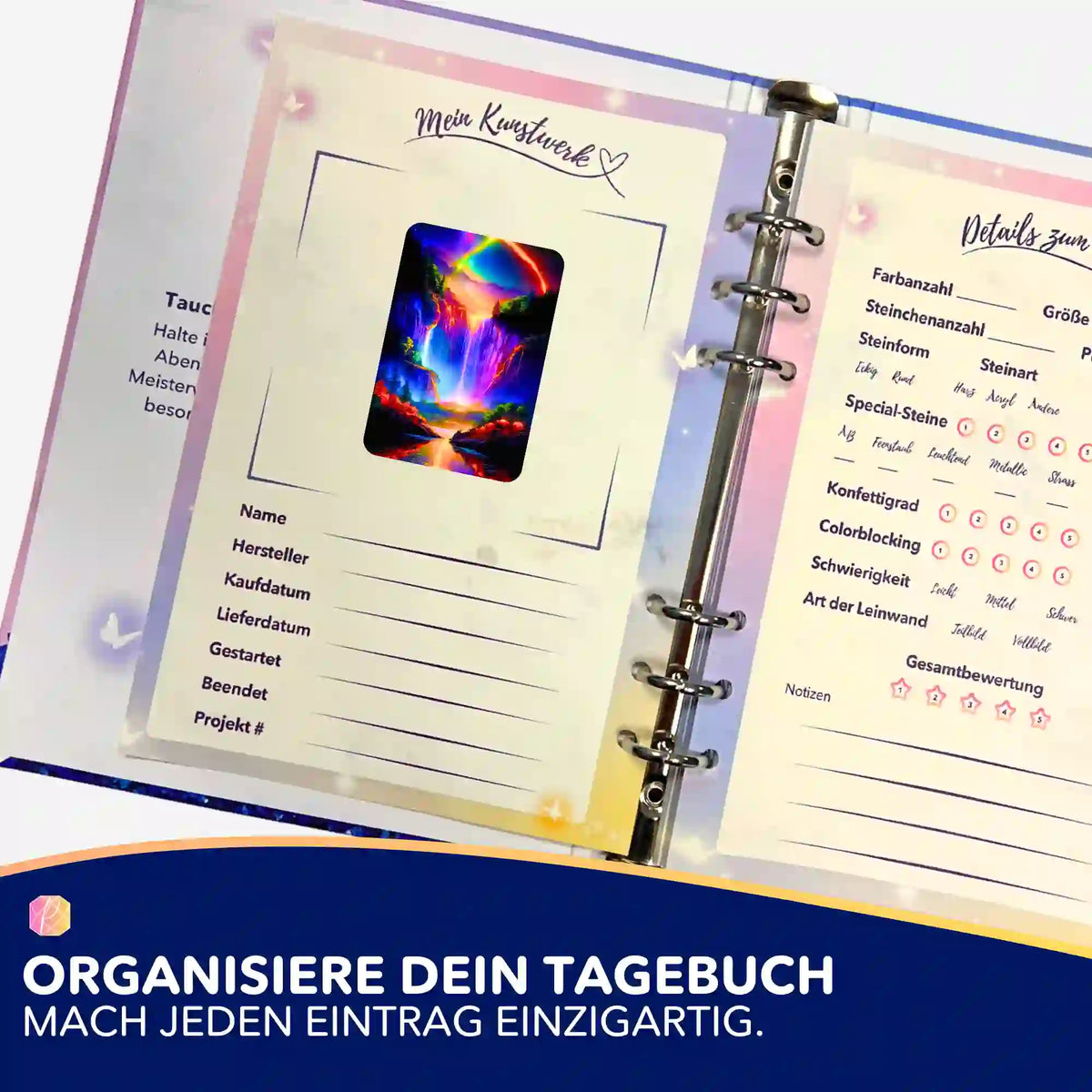 Diamond Painting Aufkleber Nachtleuchten am Wasserfall in einem Organizer-Tagebuch zur Dokumentation deiner Bastelprojekte