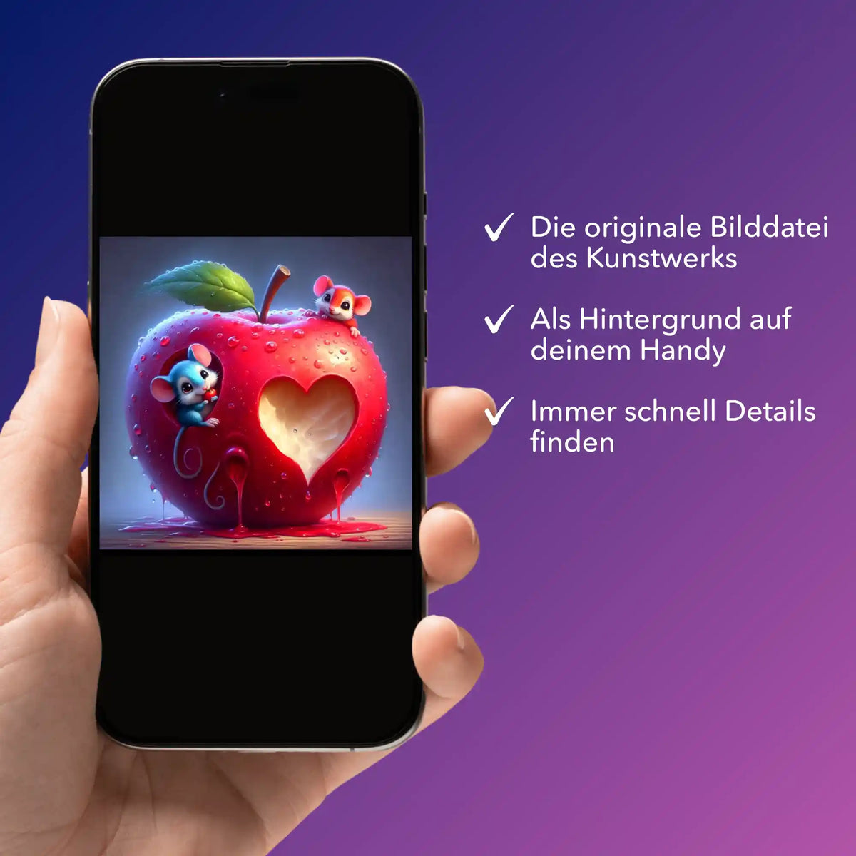 Smartphone zeigt digitale Bildmappe des Diamond Painting Motivs Liebe im Mäusehaus mit zwei niedlichen Mäusen im Apfel.