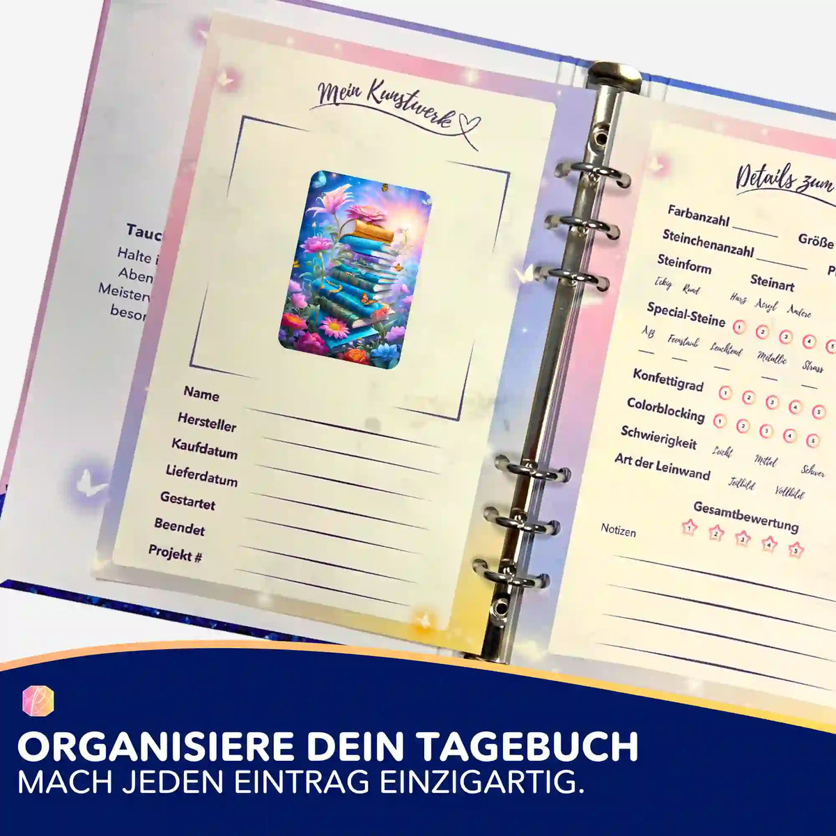 Book Lovers Aufkleber-Set zur Organisation von Diamond Painting Projekten in einem kreativen Tagebuch