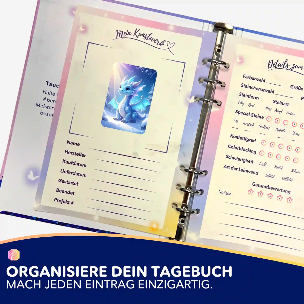 Picmondoo Sticker für Diamond Painting Tagebuch mit Drachen-Motiv zur Organisation von Diamanten Painting Projekten