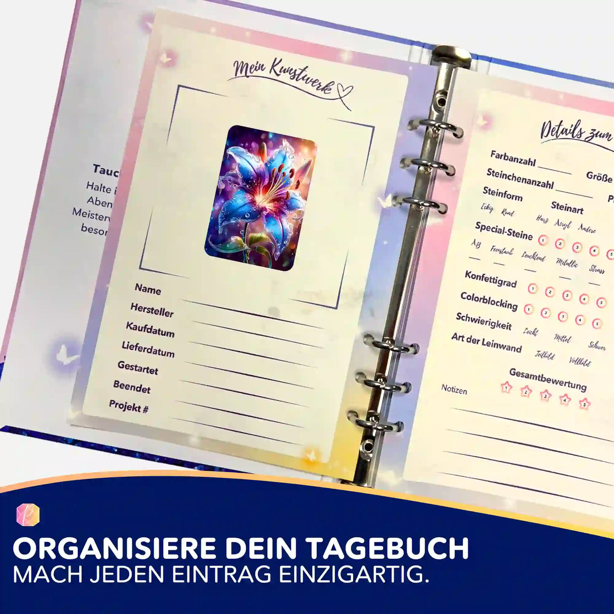 Diamond Painting Tagebuch Sticker Regenlied in einem persönlichen Planer für die Organisation von Diamanten Painting Sets