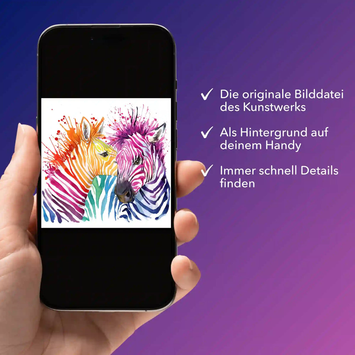 Digitale Picmondoo Bildmappe mit buntem Zebra-Motiv für Diamond Painting und Malen nach Zahlen auf Smartphone
