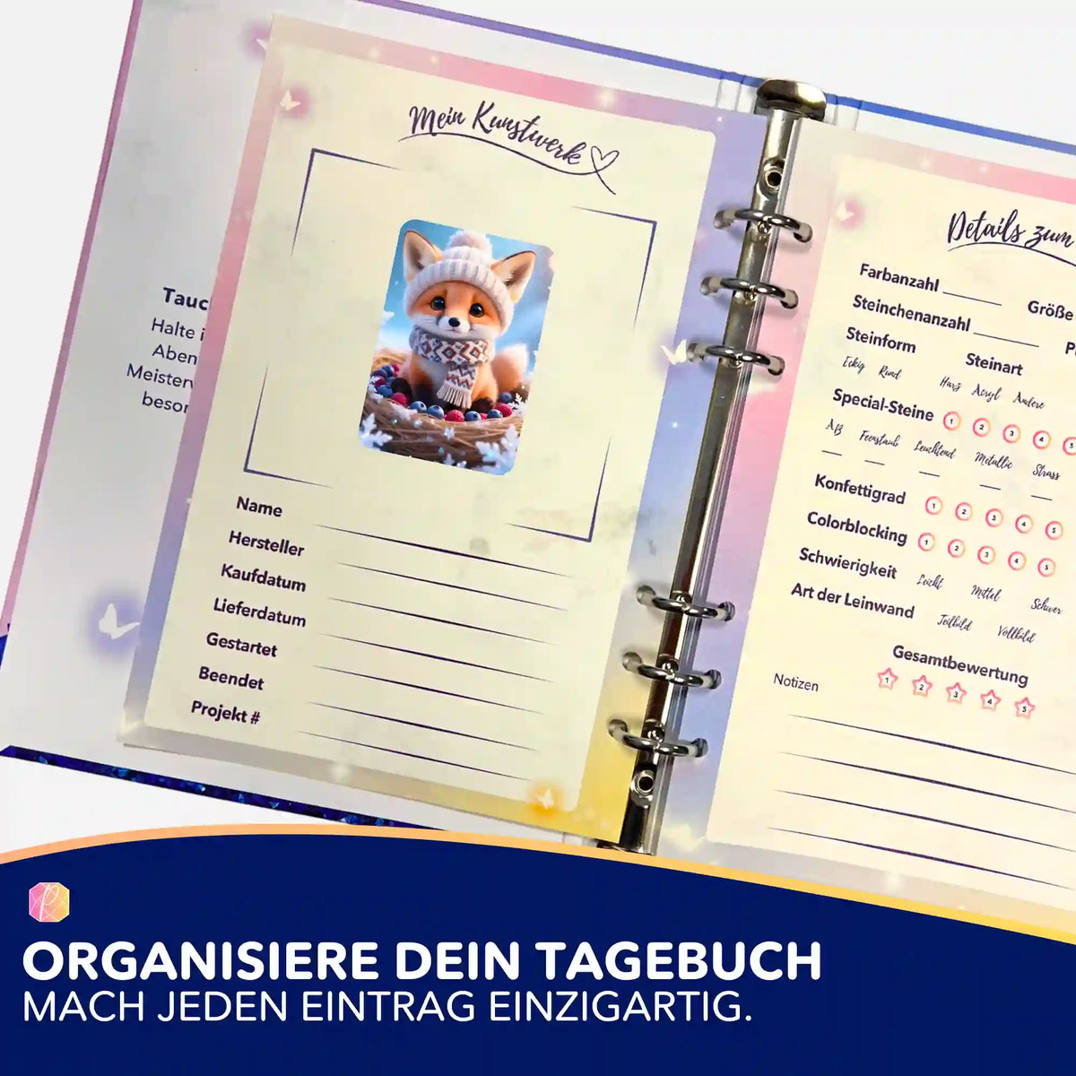 Picmondoo Sticker-Set Tavi für Diamond Painting Tagebuch zur Projektorganisation deiner Kunstwerke mit süßem Fuchs-Motiv