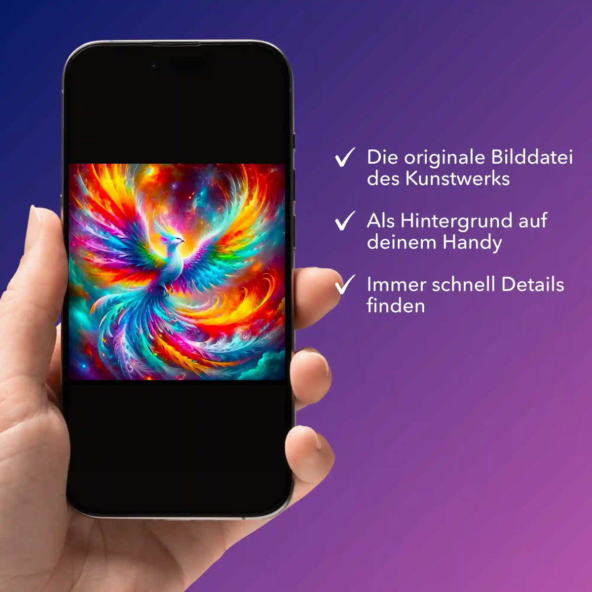 Smartphone mit digitaler Phönix-Bildmappe für Diamond Painting zur Ansicht von Motivdetails und als Handy-Hintergrund