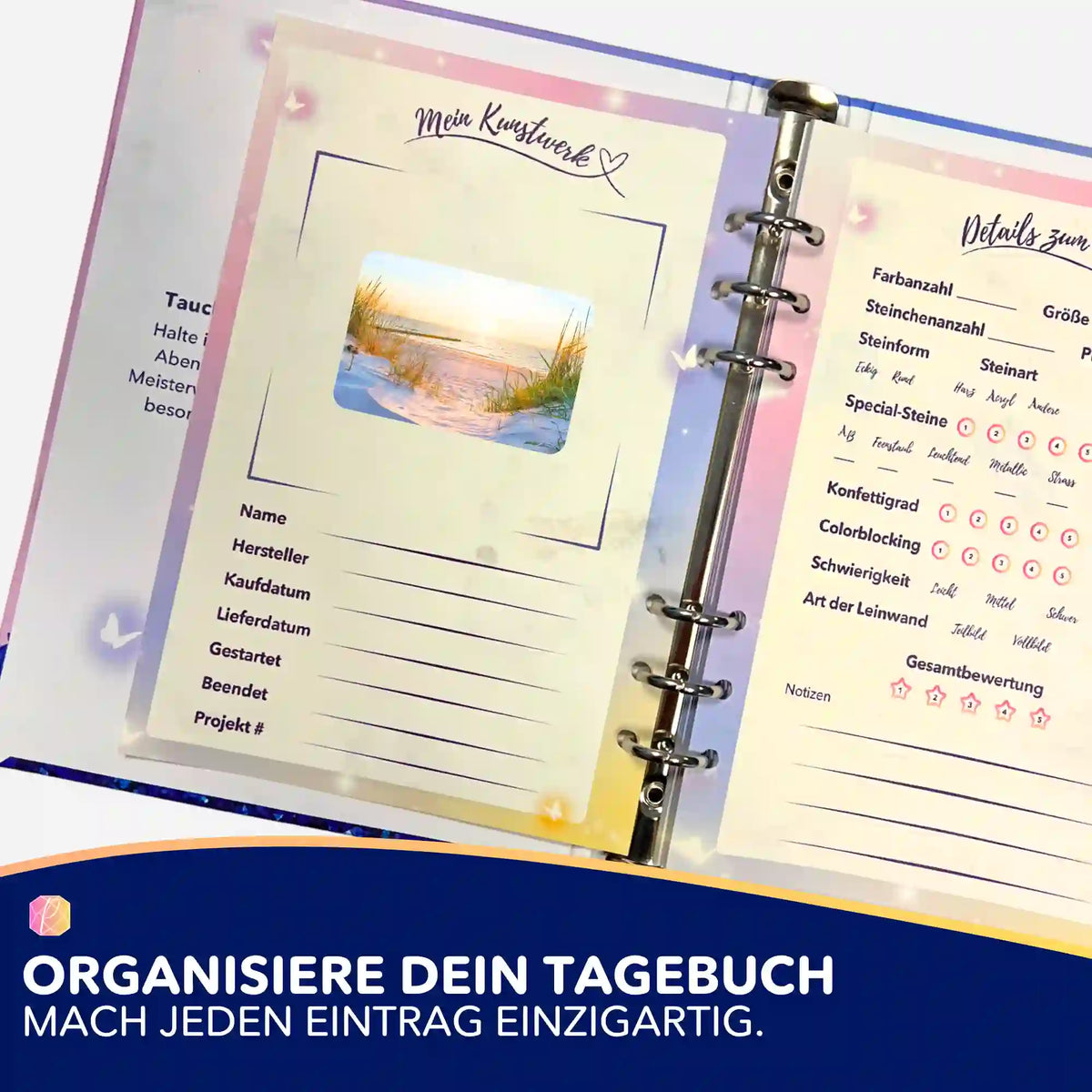 Picmondoo Diamond Painting Tagebuch mit Aufkleber-Set Entspannung im Sonnenuntergang zur Organisation von DIY-Projekten