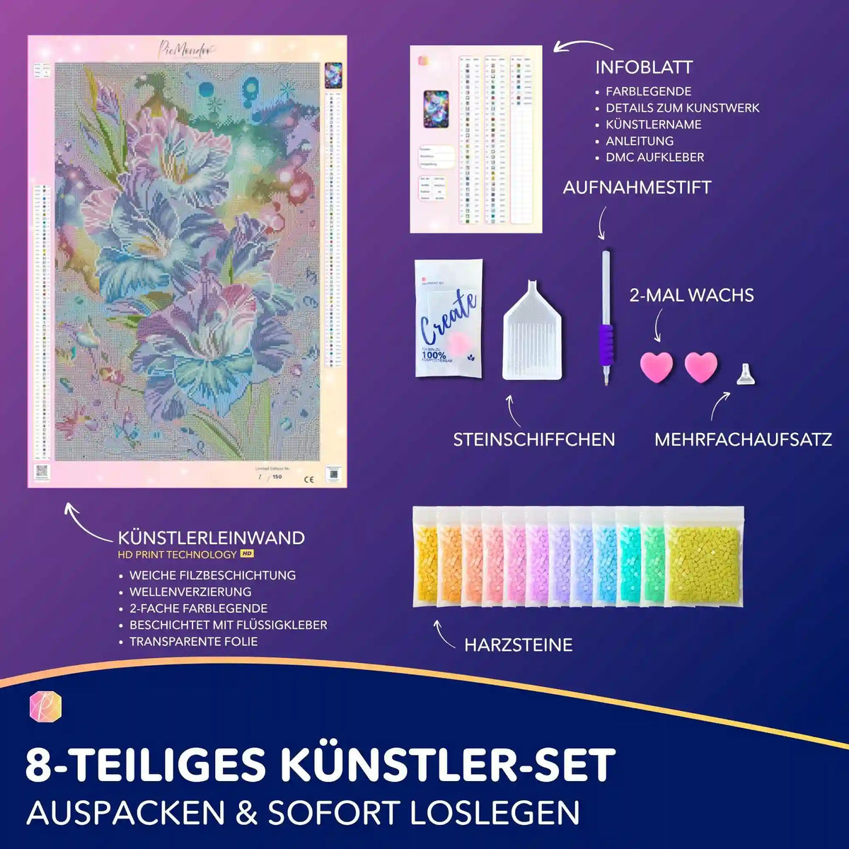 Diamond Painting Set Schwert aus Seide mit Gladiole Motiv, inkl. Leinwand, Zubehör und bunten Harzsteinen
