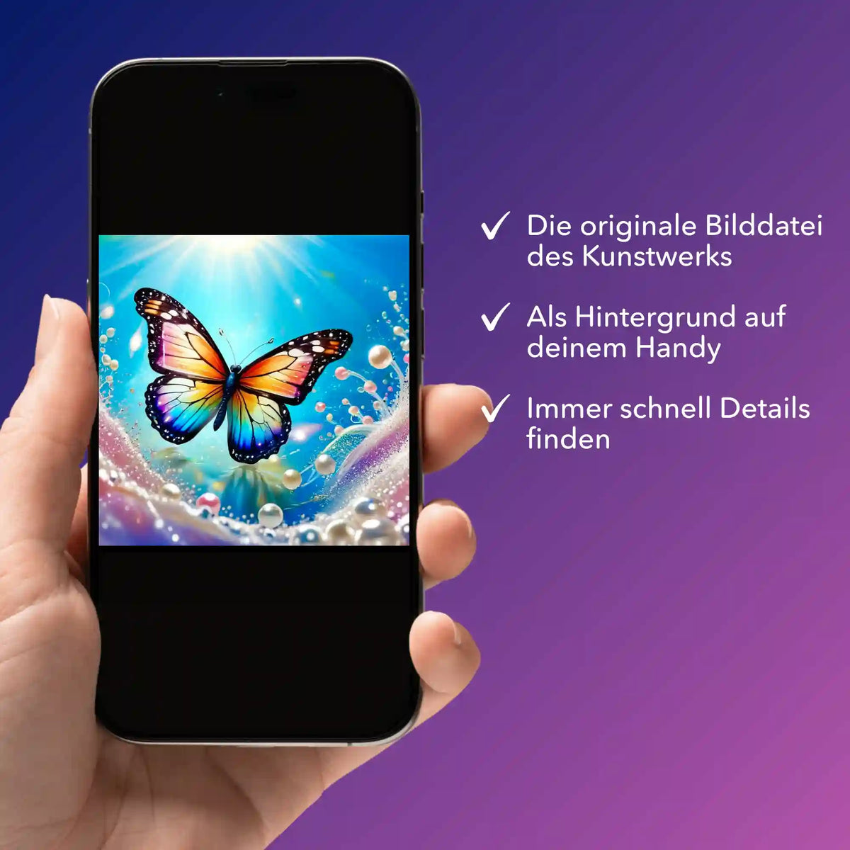 Digitale Bildmappe für Diamond Painting mit Schmetterling-Motiv als Handyhintergrund für schnellen Motiv-Check