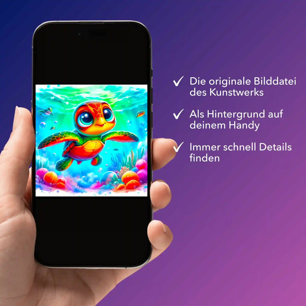 Digitale Bildmappe für Diamond Painting mit buntem Meeresschildkröten-Motiv Lotta auf einem Smartphone-Display