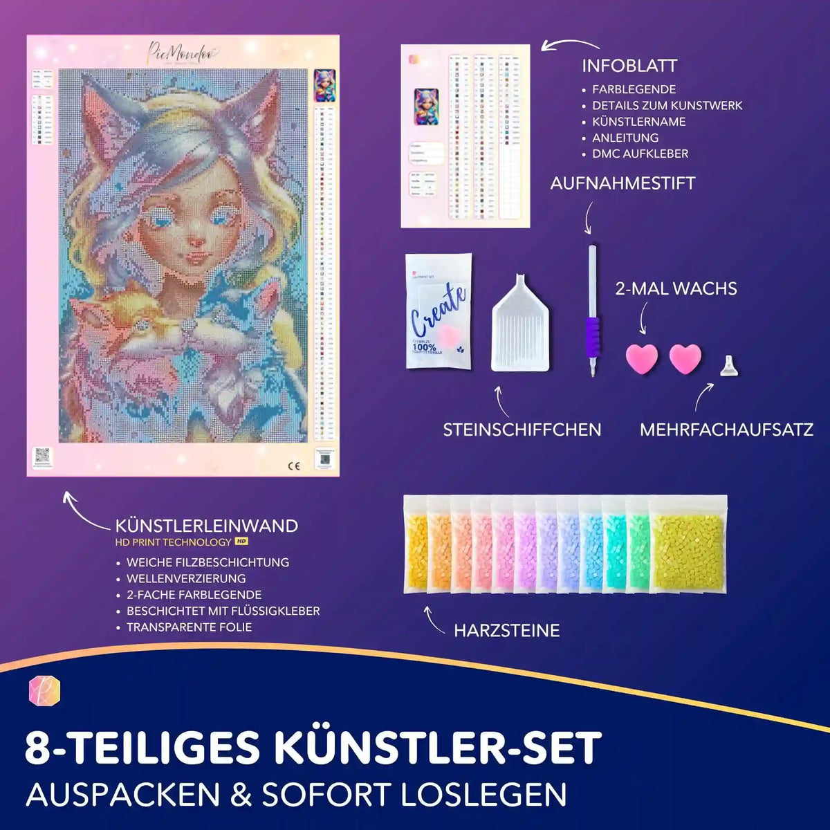 Diamond Painting Set Wolfsmädchen Finja mit Leinwand, bunten Harzsteinen und Zubehör für kreatives Hobby