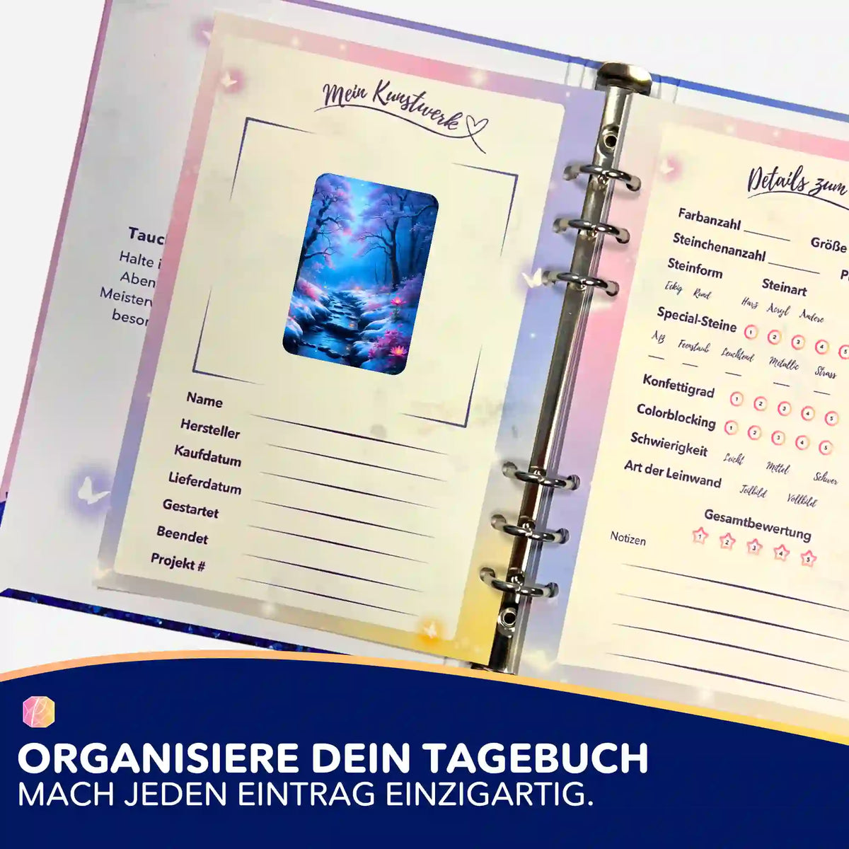 Diamond Painting Aufkleber Fluss der Träume in einem Organisationstagebuch für DIY Kunstwerke und Diamond Painting Projekte
