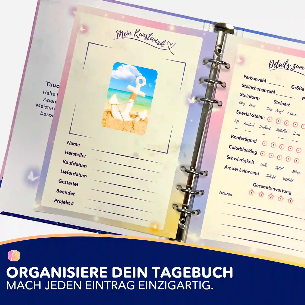 Anker der Hoffnung Sticker im Diamond Painting Tagebuch zur Organisation von Projektdetails und Fortschritt