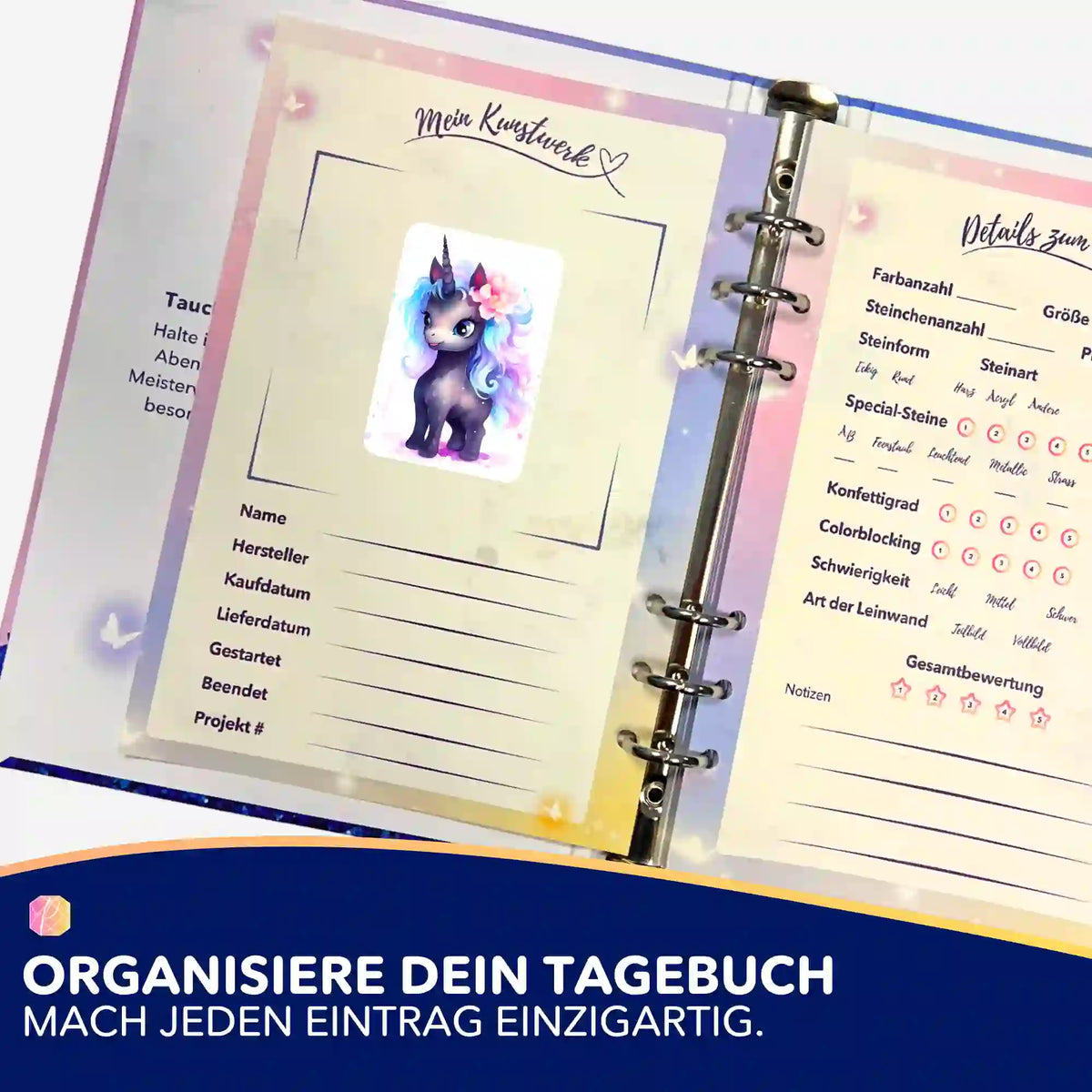 Serafina Einhorn Aufkleber für Diamond Painting Tagebuch zur Organisation von Malen nach Zahlen und Diamanten Painting Projekten