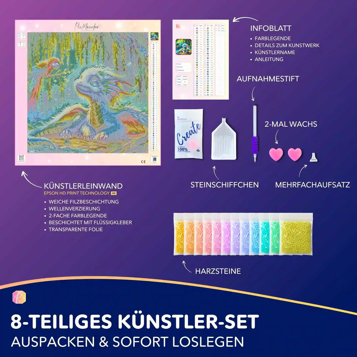 8-teiliges Diamond Painting Set mit Babydrache-Motiv: Leinwand, Harzsteine und Profi-Zubehör für kreative Bastelstunden.