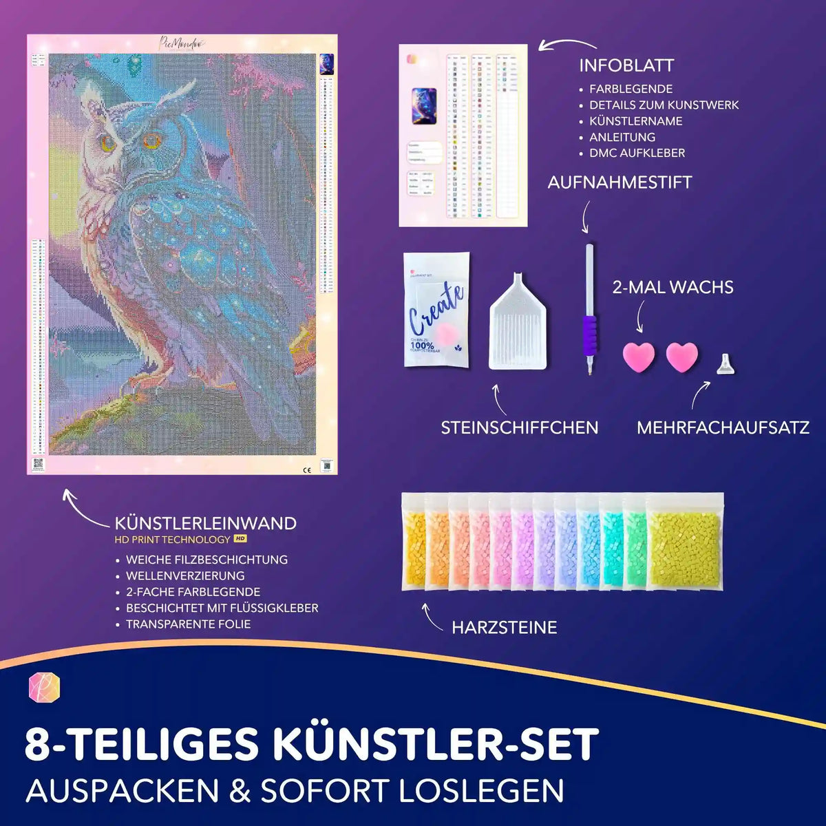 Diamond Painting Set Hüterin der Dämmerung mit Eulen-Motiv, Künstlerleinwand, Harzsteinen und komplettem Zubehör.