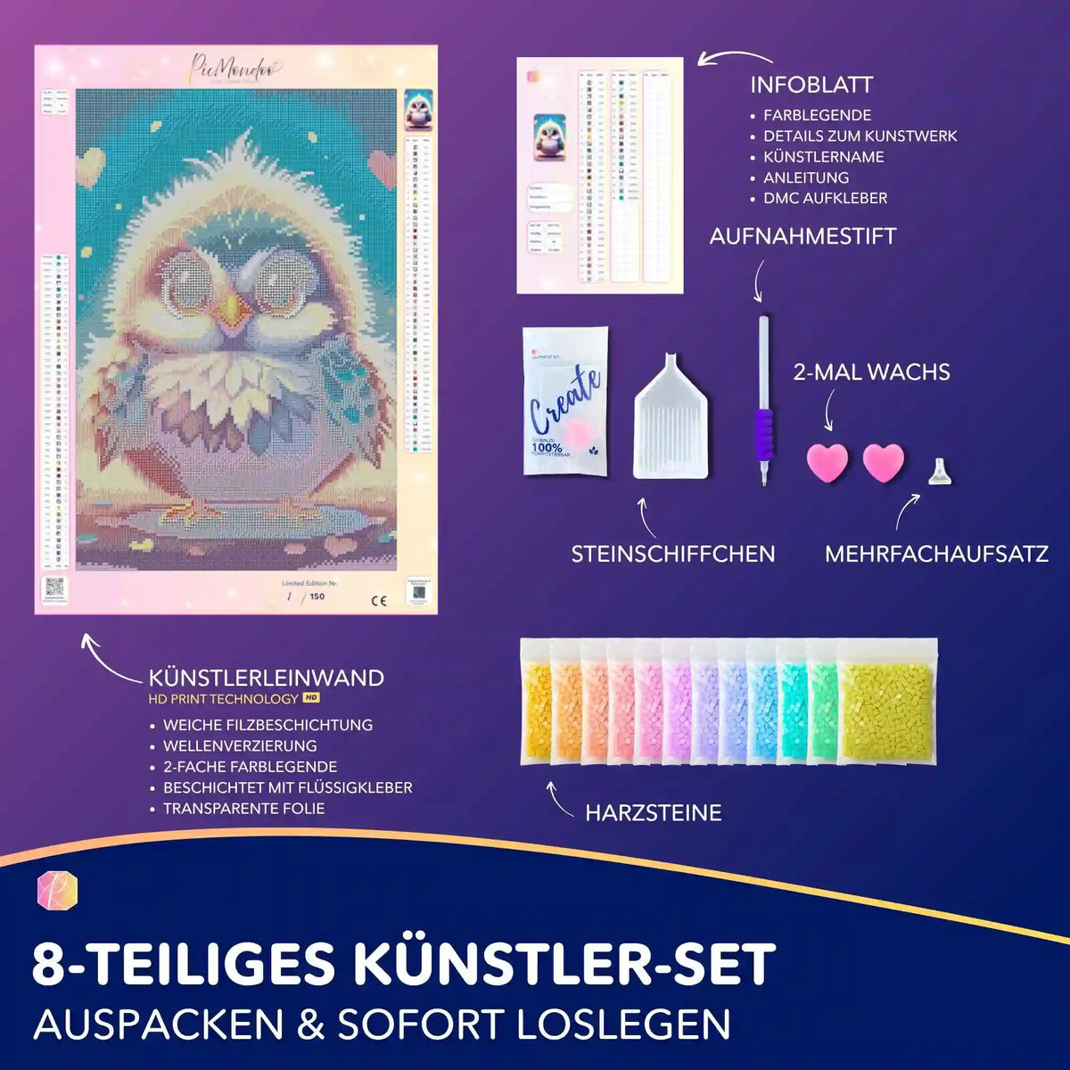 Diamond Painting Set mit niedlichem Vogel-Motiv, inkl. Leinwand, Harzsteinen und Zubehör für DIY-Kunstwerke.