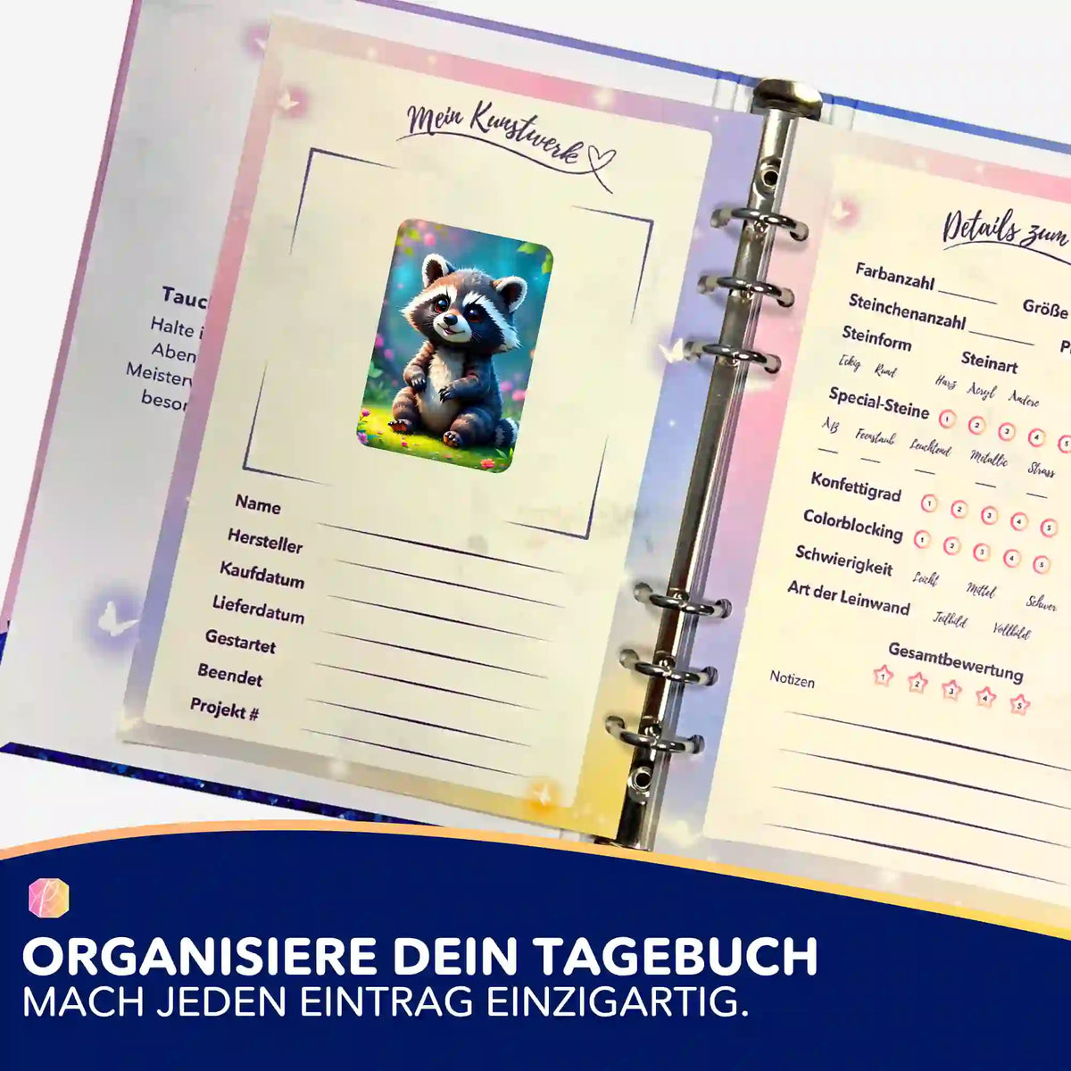 Waschbär Brownie Aufkleber und Organisationstagebuch für Diamond Painting Projekte von Picmondoo
