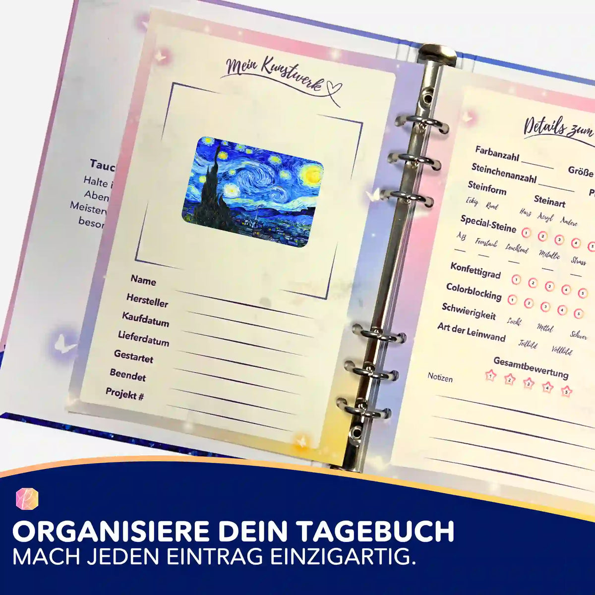 Van Gogh Sternennacht Sticker im Diamond Painting Tagebuch zur Organisation von Projektdetails und Kunstwerken