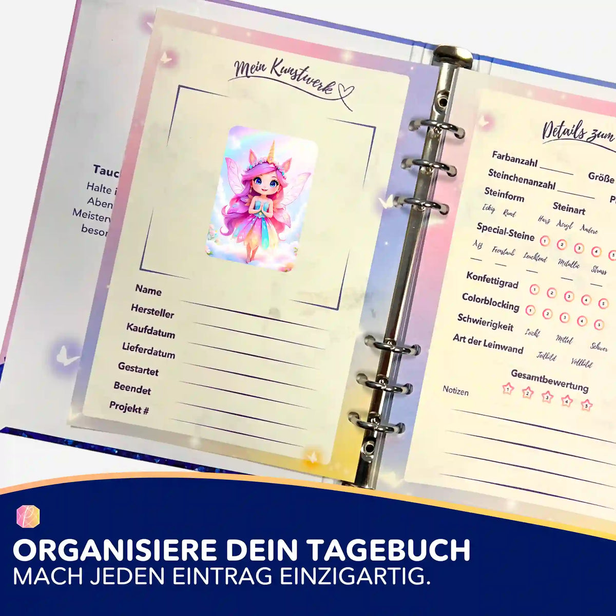 Picmondoo Diamond Painting Tagebuch mit Fee Motiv-Aufkleber zur Organisation von DIY-Kunstwerken und Bastelsets