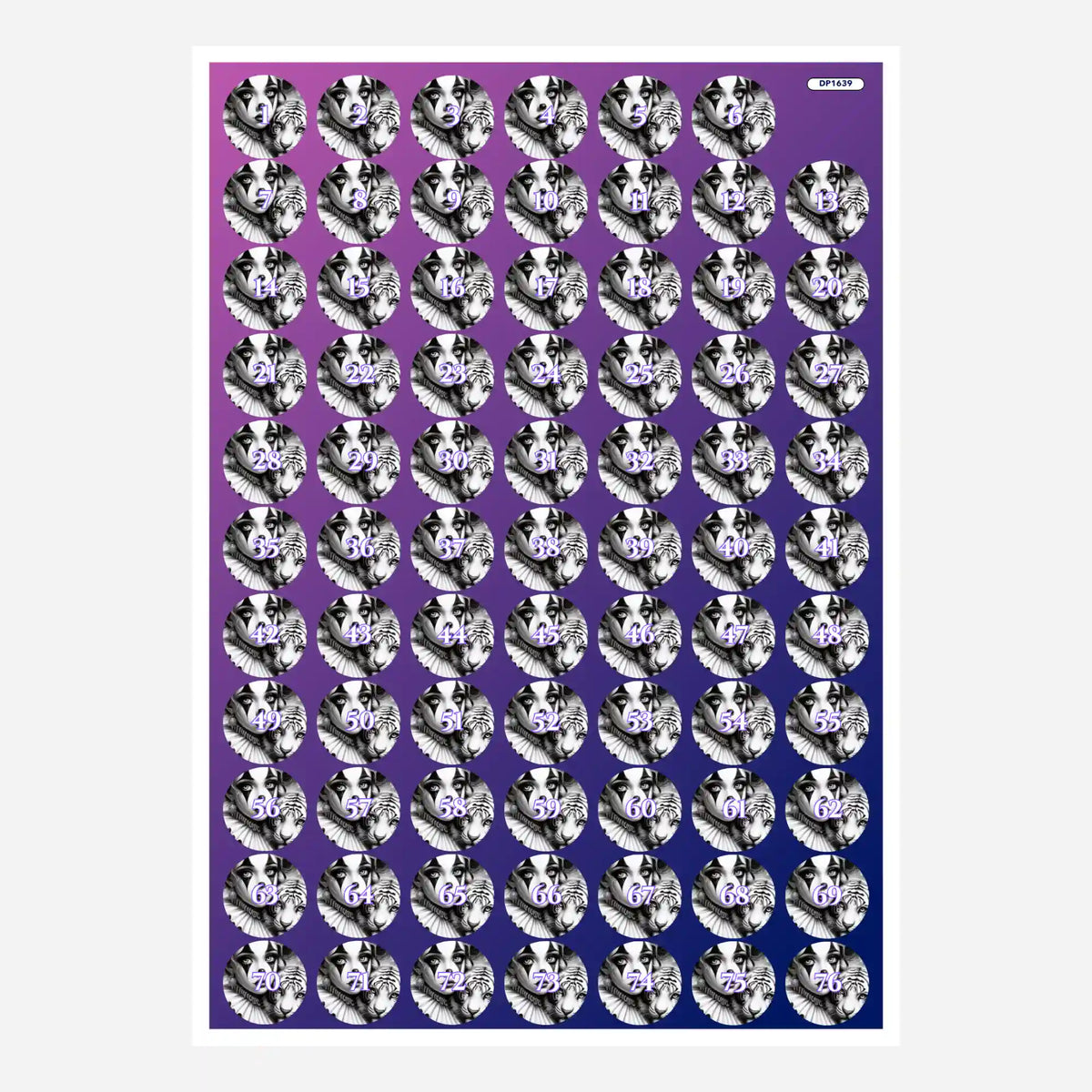 Bogen mit runden Döschenaufklebern Motiv Maskerade für Diamond Painting zur übersichtlichen Organisation der Steinfarben