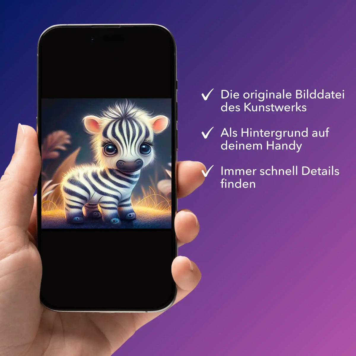 Digitale Bildmappe für Diamond Painting mit süßem Zebrababy als Motiv auf einem Smartphone zur digitalen Ansicht.