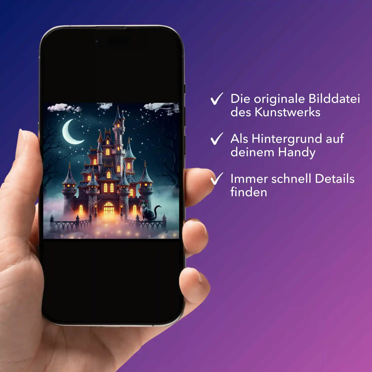 Digitale Picmondoo Bildmappe mit Nachtschloss Motiv für Diamond Painting und Malen nach Zahlen auf dem Smartphone