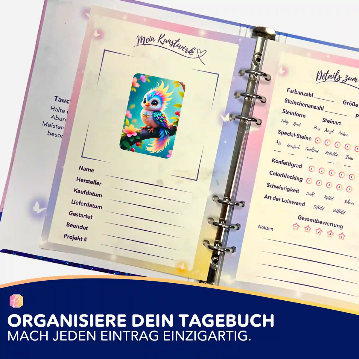 Buntes Farbenkind-Motiv als Sticker zur Organisation im Diamond Painting Tagebuch mit Projekt-Details und Bewertungsfeldern