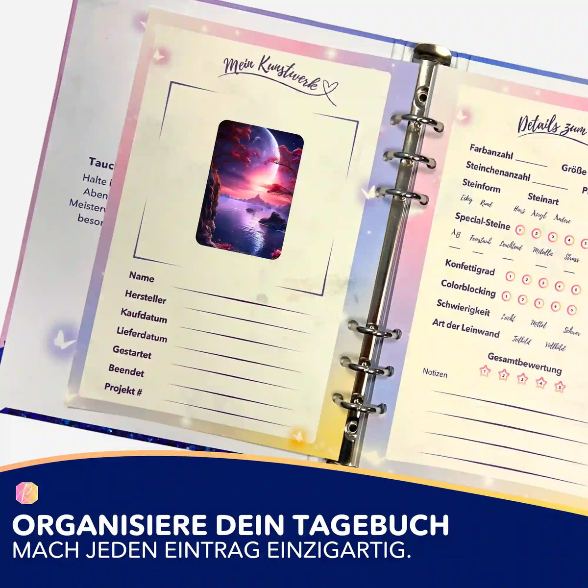 Diamond Painting Tagebuch-Aufkleber Traum von Lunara zur Organisation von Bastelprojekten und Motivdetails