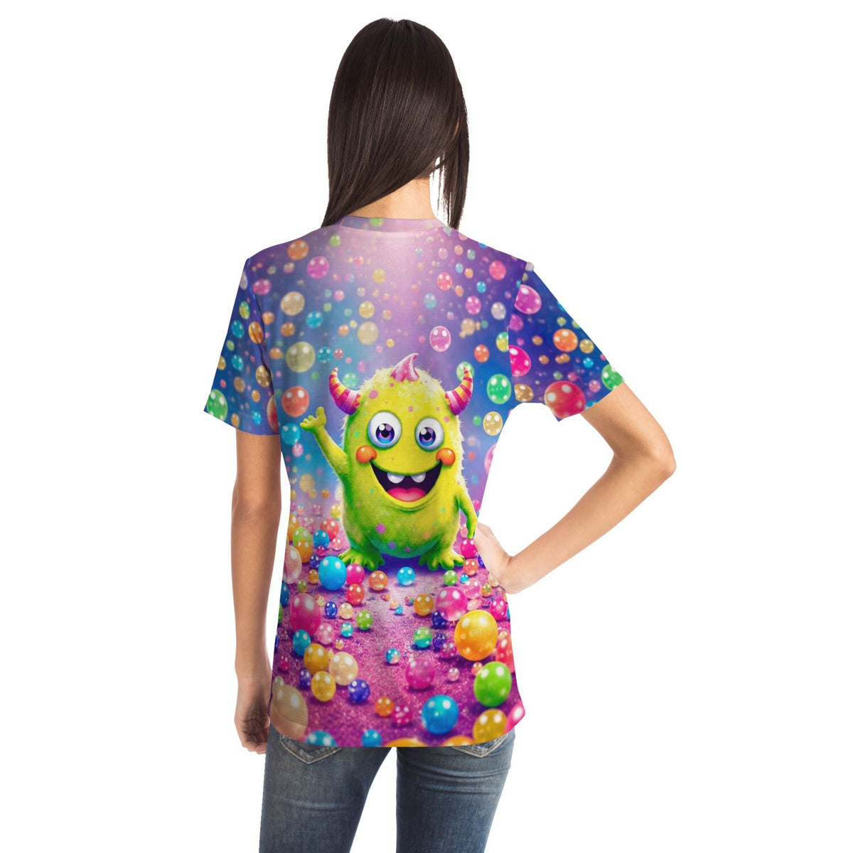 Dreamer T-Shirt mit buntem Seppel-Monster Motiv und glänzenden Kugeln, ideal für Fans von Diamond Painting und Kreativität.