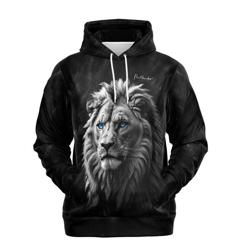 Schwarzer Hoodie mit Löwen Motiv und leuchtend blauen Augen, hochwertiger Druck im Diamond Painting Stil
