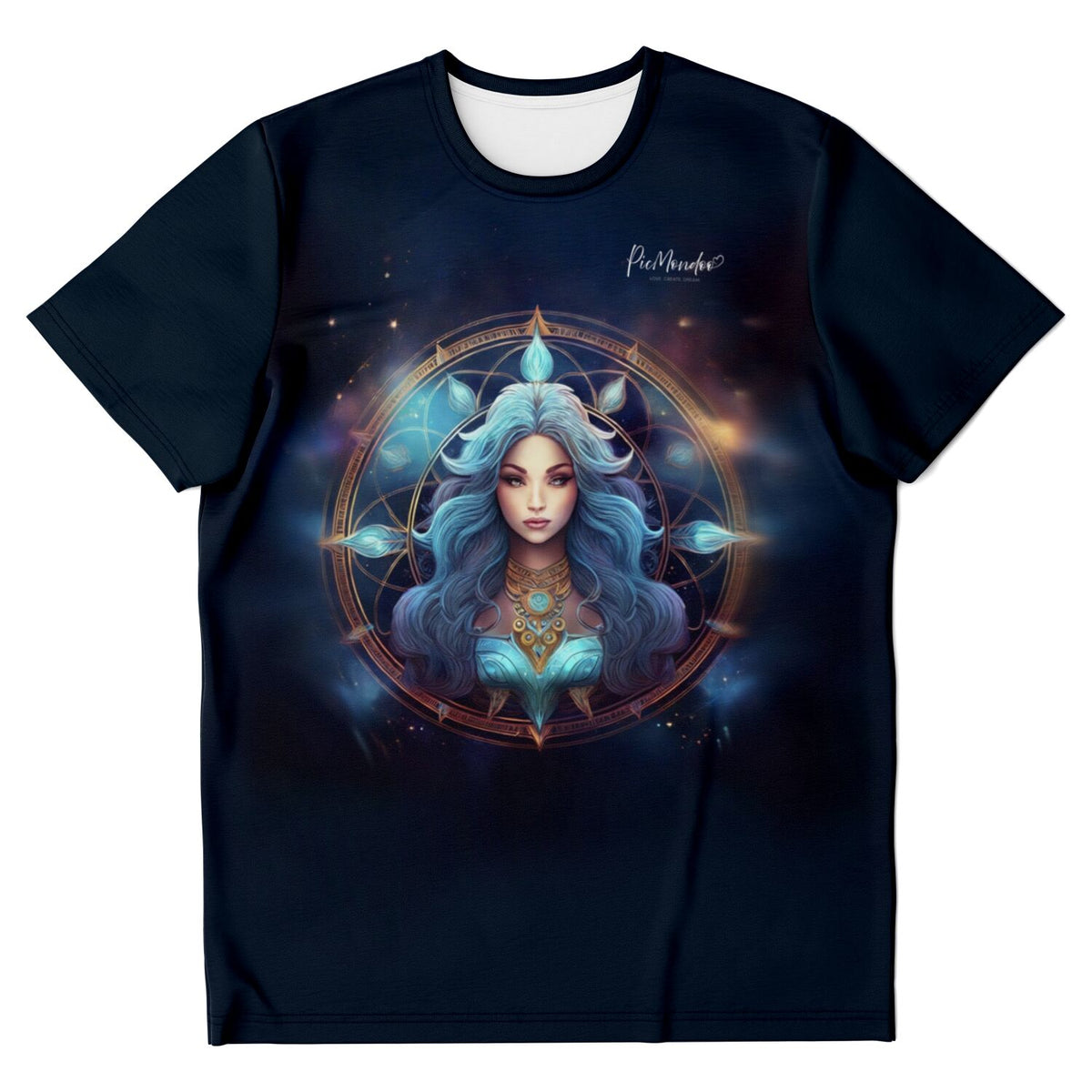 Schwarzes T-Shirt mit Sternzeichen Jungfrau Motiv, inspiriert von Diamond Painting Kunst und magischem Design