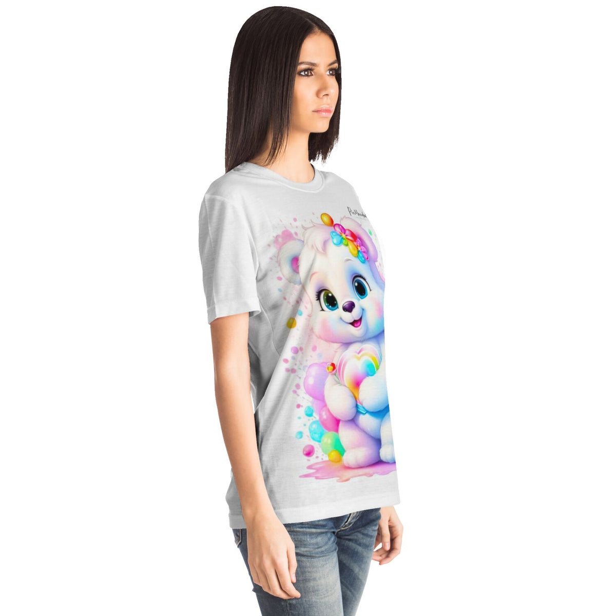 Weißes Damen T-Shirt mit süßem Herzensbärchen Motiv im Stil unserer beliebten Diamond Painting und Malen nach Zahlen Sets