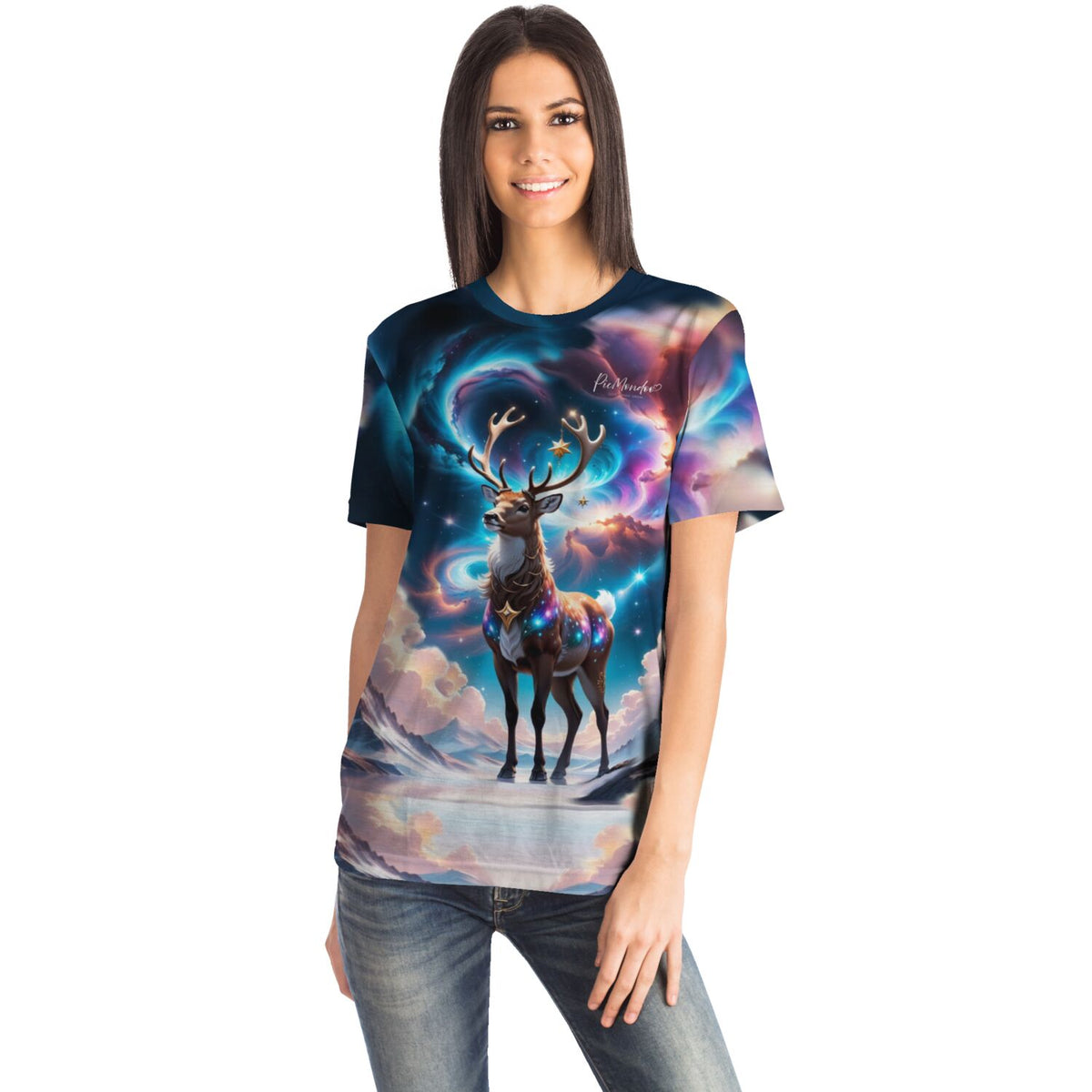Frau trägt Dreamer T-Shirt mit Rentier-Motiv im Abendzauber-Design, ergänzend zu beliebten Diamond Painting Kunstwerken.