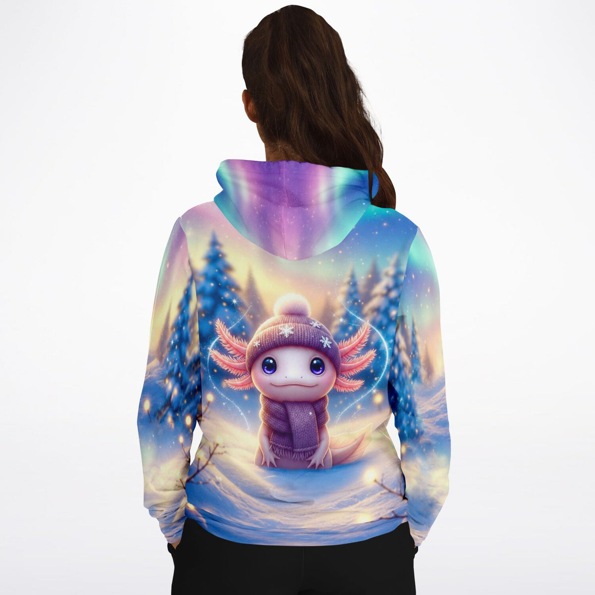 Hoodie mit süßem Axolotl im Winter-Motiv – ideal für Fans von Diamond Painting und kreativen Malen nach Zahlen Designs.