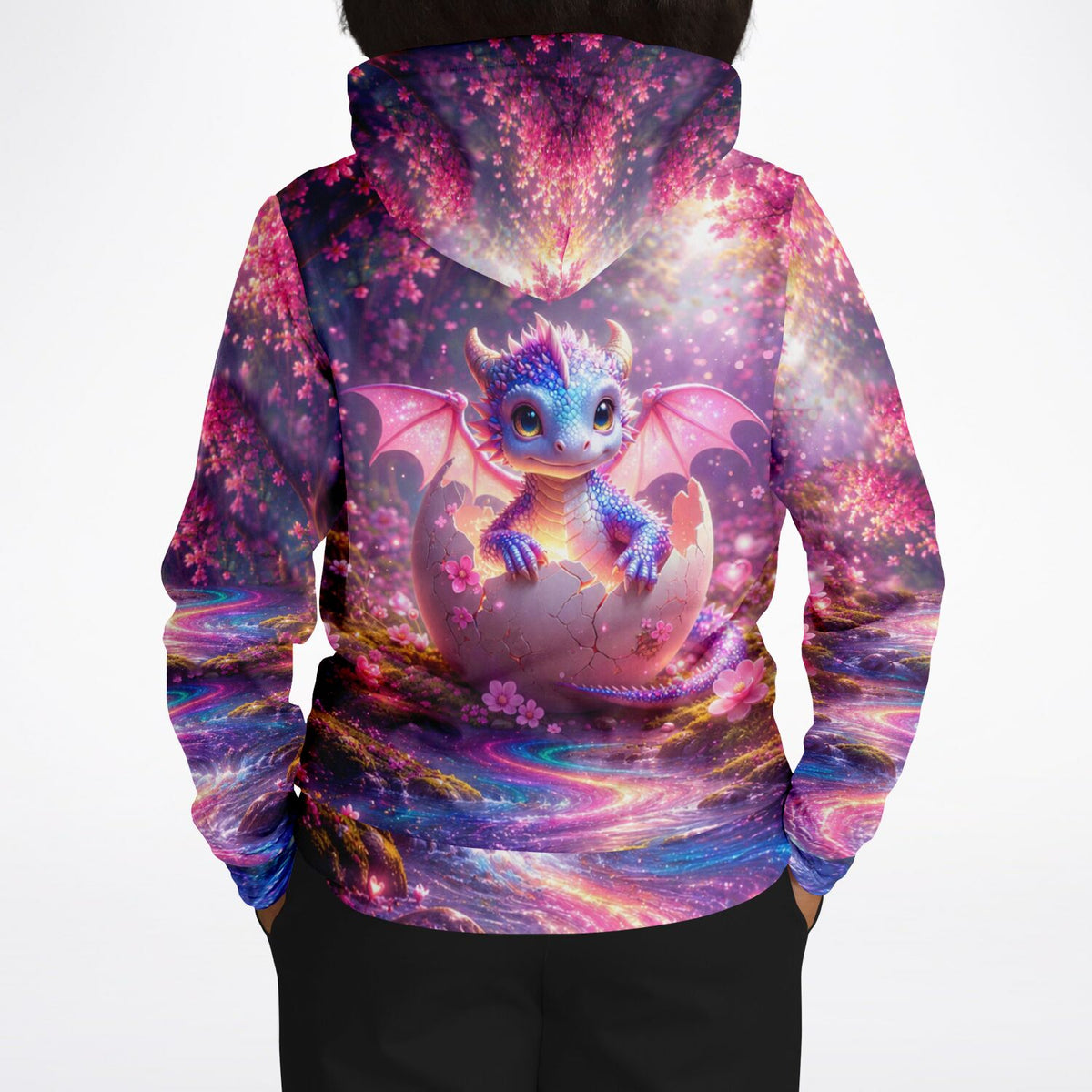 Hoodie mit buntem Drachen-Motiv in magischem Wald, passend zu Diamond Painting und Malen nach Zahlen Designs