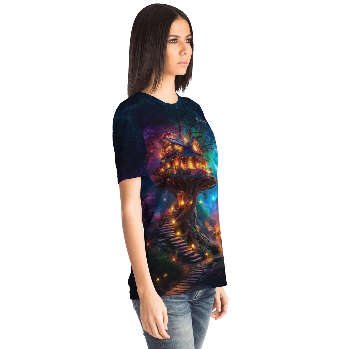 Frau trägt Dreamer T-Shirt mit Sternhafen der Wanderer Motiv; ideal für Fans von Diamond Painting und Malen nach Zahlen