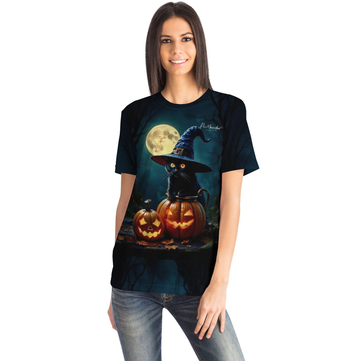 Frau trägt ein T-Shirt mit Wizard Cat Motiv – perfekt für Fans von Diamond Painting und Malen nach Zahlen
